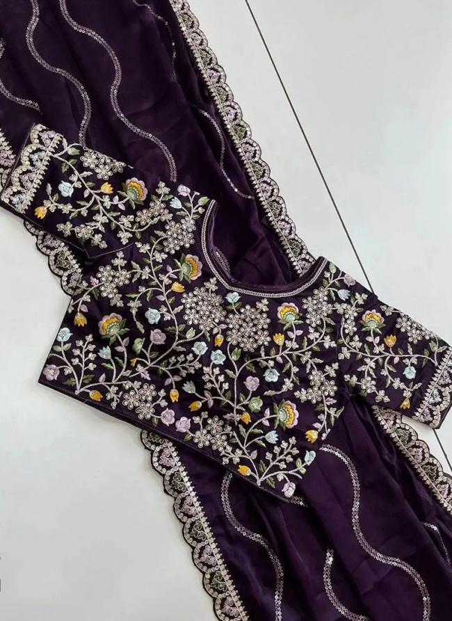 Chiffon Silk Purple Party Wear Embroidery Work Saree